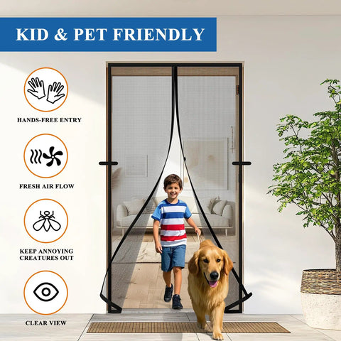 Magnetic Screen Door Fits 32x80 Inch Door, 34x81 Mesh, Scratch Proof Polyester with boy and dog, pet and kid friendly design