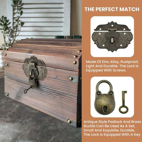Old School Vintage Hasp And Padlock Set Bronze Zinc Alloy Decorative Latch Kit For Antique Jewelry Boxes Tool Chests And Rugged Suitcases Featuring Bear Shaped Tumbler on wooden chest