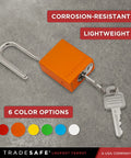 Lockout Tagout Locks Set, Ten Orange LOTO Padlocks Keyed Alike, OSHA Compliant, half-inch chrome shackle, with key.