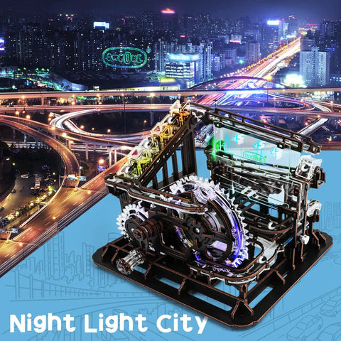 3D Wooden Marble Run Puzzle With LED Lights For Adults Mechanical Wood Model Building Kit Desk Decor Gift For Men 312 Pieces