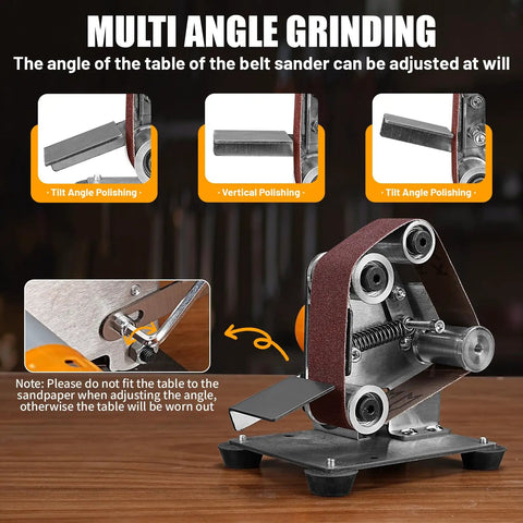 Rock Solid Mini Belt Sander And Knife Sharpener Bench Grinder Kit with adjustable table for tilt and vertical polishing.