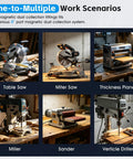 Heavy Duty 4 Inch Magnetic Dust Collection Fittings For Shop Vacuums And Woodworking Shops showcased with table saw, miter saw, and sander.