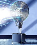 Heavy Duty Standing Misting Fan With Three Speed Settings And Wide Oscillating Head Industrial Water Spray Cooler For Deck Bars Restaurants And Gyms That Crushes The Peak Summer Heat, shown with airflow and mist.