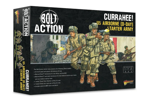 Box of Bolt Action Currahee Us Airborne D Day Starter Army Miniatures Set for WWII tabletop wargaming with painted soldiers on cover.
