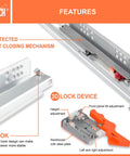 Undermount Drawer Slides With Self Soft Close, 5 Pair, 18 Inch Length, 3D Lock Device, Hook Design, Features Highlighted Diagram