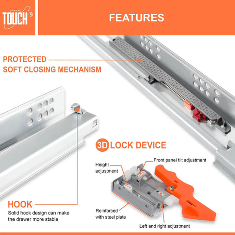 Undermount Drawer Slides With Self Soft Close, 5 Pair, 18 Inch Length, 3D Lock Device, Hook Design, Features Highlighted Diagram