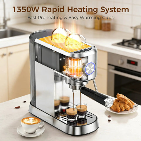Compact 20 Bar Espresso Machine, Compact Coffee Maker With Steam Milk Frother, Stainless Steel Coffee Machine With 34oz Removable Water Tank For Cappuccino And Latte on kitchen counter