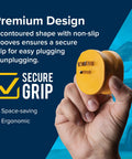 Hand holding PowerGrip Heavy Duty RV 15 Amp Male To 30 Amp Female Electrical Adapter with non-slip grooves for easy grip.