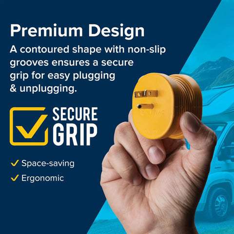 Hand holding PowerGrip Heavy Duty RV 15 Amp Male To 30 Amp Female Electrical Adapter with non-slip grooves for easy grip.