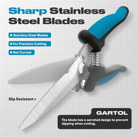 8 Inch Heavy Duty Scissors And Tin Snips Workhorse With Wire Cutter Notch For Sheet Metal Cable Insulation Carpet Leather All Purpose Utility Shears Ergonomic Electrician Tools With Safety Lock, stainless steel blades
