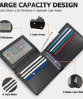 Open view of Leather Wallet For Men, Genuine Leather Bifold RFID Blocking Wallet With 2 ID Windows, Black, showing card slots.