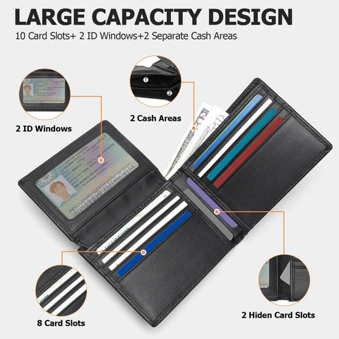 Open view of Leather Wallet For Men, Genuine Leather Bifold RFID Blocking Wallet With 2 ID Windows, Black, showing card slots.