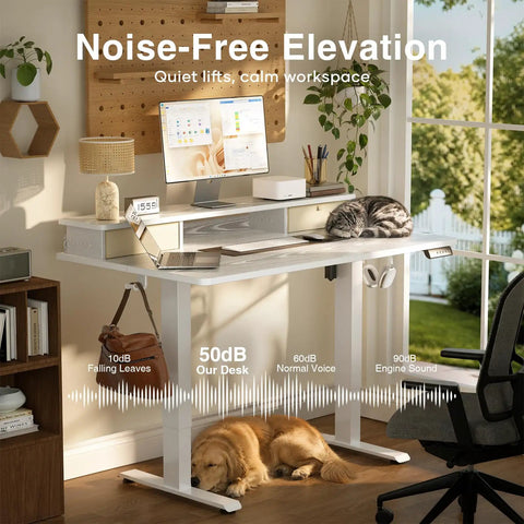 Solid Build Electric Standing Desk With 55x26 Inch Adjustable Height And Clean White Finish offering ergonomic monitor riser with pets.