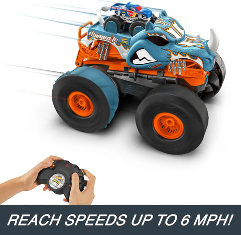 Monster Trucks RC Toy With Transforming Rhinomite, 1:12 scale monster truck and remote control in action