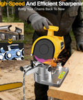 Cordless Electric Chainsaw Chain Sharpener High Speed 5800 RPM Bench Mounted in use sharpening chains on a workbench