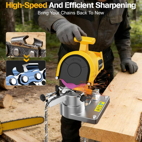 Cordless Electric Chainsaw Chain Sharpener High Speed 5800 RPM Bench Mounted in use sharpening chains on a workbench