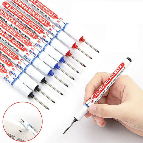 Real Deal Deep Hole Marker Pens 15 Pack Black Ink Long Neck Markers for Precision Woodworking, showing various colors and long nibs.