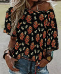 Loose Short Sleeve Boat Neck T Shirt With Floral Dragon Print modeled outdoors on woman, paired with denim shorts