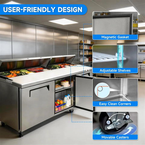 Heavy Duty 72 Inch Commercial Sandwich Prep Table Refrigerated Salad Fridge Equipped With 18 Easy Slide Topping Pans And A Wide Cutting Board with toppings displayed.