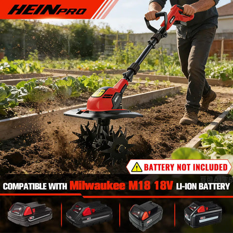 Cordless Tiller Cultivator For Easy Yard Work, M18 Battery Compatible, tilling soil in garden bed, 9 inch width, 360 RPM.