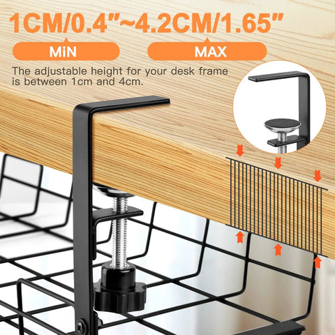 No Drill Under Desk Cable And Wire Management Tray Two Pack Sturdy Alloy Steel Wire Organizer with clamp on desk edge