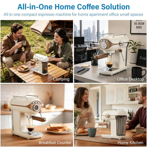Compact Espresso Maker With 20 Bar Pressure And Built In Milk Frother Semi Automatic Coffee Brewer in kitchen, office, and camping setups.