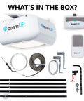 Heavy Duty Chain Drive Overhead Garage Door Opener BU100 components with remote, wall mount design, and installation tools.