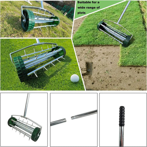 57 Inch Push Spike Lawn Aerator Roller with 1.4 Inch Galvanized Steel Spikes for deep soil aeration and compaction relief on grass