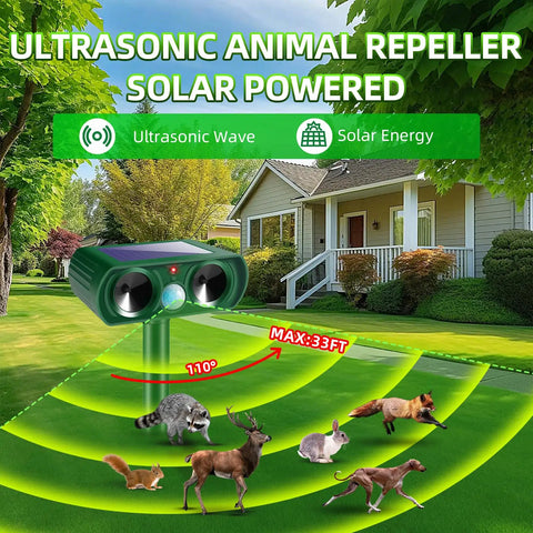 4 Pack Upgraded Sonic Ultrasonic Deer Repellent Devices With Solar Power Waterproof Outdoor Motion Sensor Deterrent on yard stake