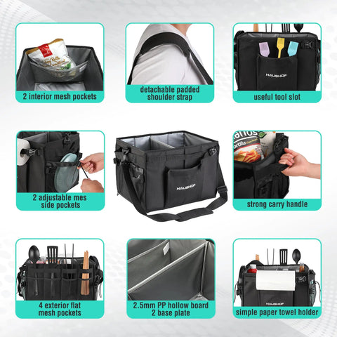 Large Grill And Picnic Caddy With Paper Towel Holder And Condiment Pockets Foldable Bbq Organizer features and compartments