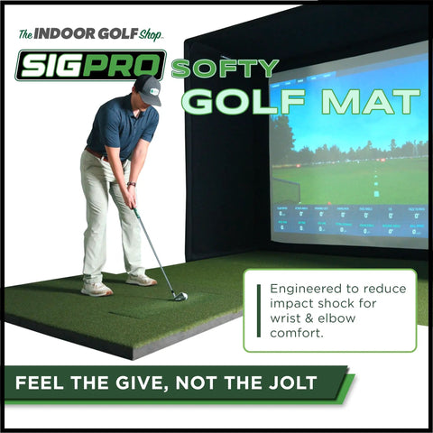 Game-Ready Indoor Golf Mat 4 By 7 Foot With Realistic Fairway Feel Real Tee Capability Replaceable Hitting Strip shown in simulator