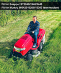 Person mowing grass with a red tractor using Beefed Up Kevlar Aramid V Belt for 46 Inch Deck Mowers and Lawn Tractors.