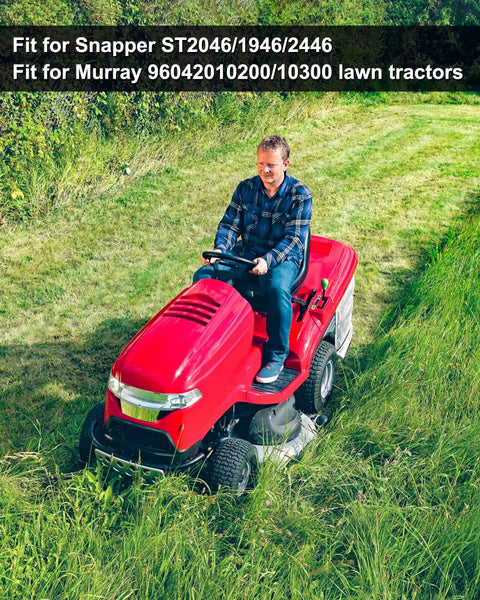 Person mowing grass with a red tractor using Beefed Up Kevlar Aramid V Belt for 46 Inch Deck Mowers and Lawn Tractors.