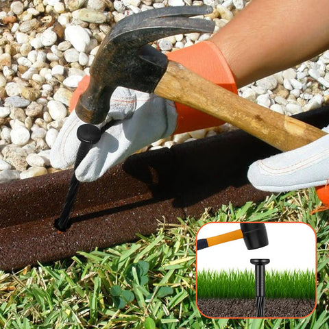 Heavy Duty 8 Inch Landscape Edging Stakes Set Of 60 for Paver Edging, showing hammer securing spiral stake in garden