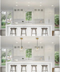 Before and after image showing Recessed Can Light Conversion Kit For 5 Inch And 6 Inch Ceiling Fixtures With E26 Socket Plus White Round Ceiling Medallion Slick Pendant Hanging Light Upgrade in kitchen.