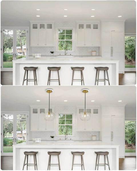 Before and after image showing Recessed Can Light Conversion Kit For 5 Inch And 6 Inch Ceiling Fixtures With E26 Socket Plus White Round Ceiling Medallion Slick Pendant Hanging Light Upgrade in kitchen.