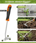 Four-teeth weed digger from Three In One Weed Puller Tool Set With Ergonomic Handle And Stainless Steel Heads for weeding gardens.