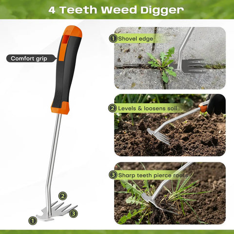 Four-teeth weed digger from Three In One Weed Puller Tool Set With Ergonomic Handle And Stainless Steel Heads for weeding gardens.