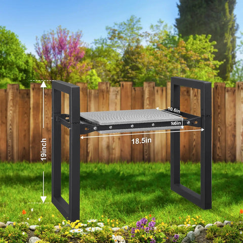 2 In 1 Garden Kneeler And Seat Foldable Stool With 400 Lbs Capacity, shown in upright position in a garden setting, 19.7x10x18.5 inches.
