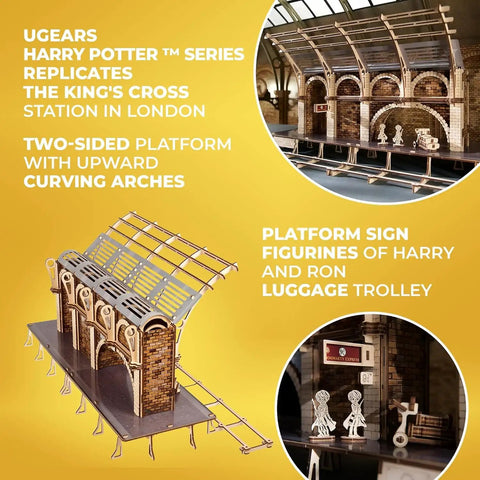 Platform Nine Three Quarters 3D Puzzle Wooden Model Kit Mechanical Harry Potter Scene With Two Figurines Kings Cross Station Brickwork Two Sided Display Includes Track Section Compatible With Hogwarts Express, wooden model of King’s Cross platform
