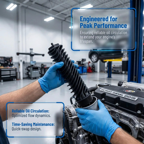 A4721860095 Oil Filter Support Insert for Freightliner Detroit Diesel DD15 Engine, demonstrating reliable oil circulation in mechanic's hands.