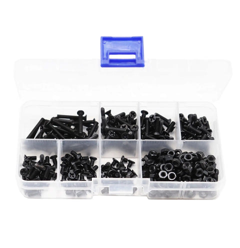 Open case of M3 Screws Kit With 360 Pieces Including 210 Black Countersunk Phillips Head M3 Screws In 0.5mm Pitch Across 4mm 6mm 8mm 10mm 12mm 16mm And 20mm Lengths Plus 150 M3 Hex Nuts For 3D Printers Robots RC Models DIY Projects Makers And Hobbyists