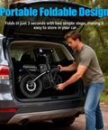 Epic Foldable Electric Bike For Adults With 750W Peak Power And 23 MPH Max, 14 Inch Compact Ebike, 48V 12Ah Battery, 35 Mile PAS Range, Ideal For Commutes And Weekend Joyrides. folded in SUV trunk