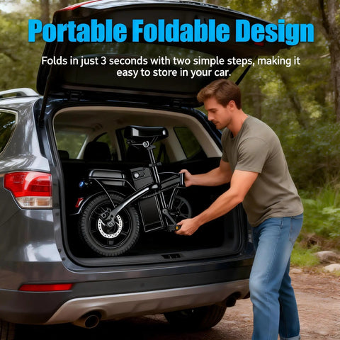 Epic Foldable Electric Bike For Adults With 750W Peak Power And 23 MPH Max, 14 Inch Compact Ebike, 48V 12Ah Battery, 35 Mile PAS Range, Ideal For Commutes And Weekend Joyrides. folded in SUV trunk