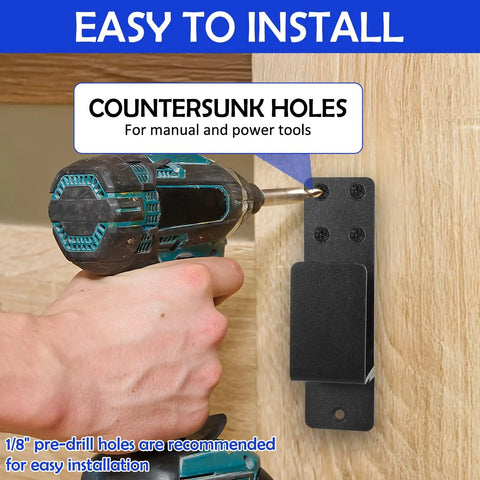 Installing Heavy Duty Door Barricade Brackets Set For 2x4 Lumber U Shaped Gate Holder with power drill on wooden door frame