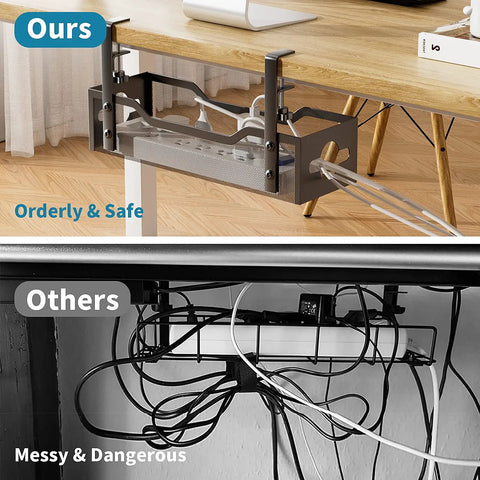 Under Desk Cable Management Tray No Drill Clamp Mount Metal Mesh 2 Hole Cable Tray installed under desk organized vs messy setup