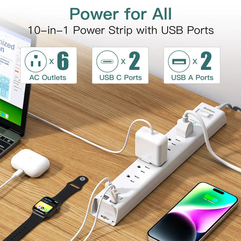 Long Reach Power Strip Surge Protector With 15ft Extension Cord For Home Office And Workshop, Extra Long Cable For Distant Outlets, Ideal For Living Rooms, Bedrooms, Desks, And Creative Setups. White 10-in-1 power strip with 6 outlets and USB ports on wooden desk
