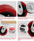 Heavy Duty 5 Inch Swivel Casters Set of 4 With Polyurethane Tread On Polypropylene Core showing features like 360-degree rotation and grease fitting.
