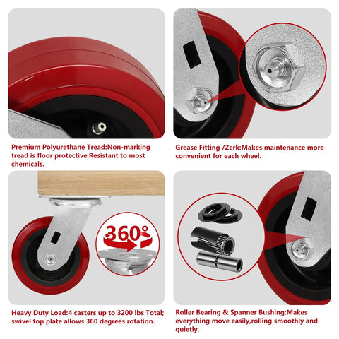 Heavy Duty 5 Inch Swivel Casters Set of 4 With Polyurethane Tread On Polypropylene Core showing features like 360-degree rotation and grease fitting.