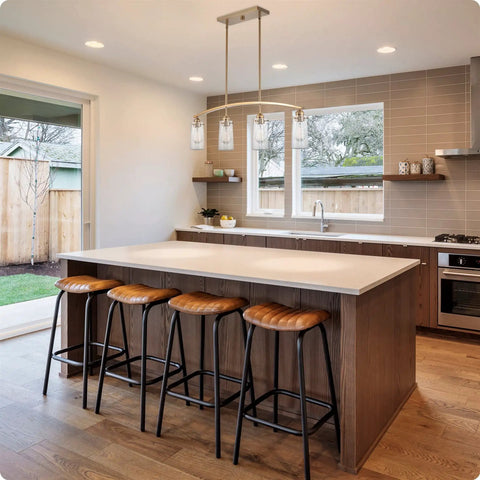 Arched 4 Light Kitchen Island Pendant With Seeded Glass Shades In Cool Brass Finish over modern farmhouse kitchen island